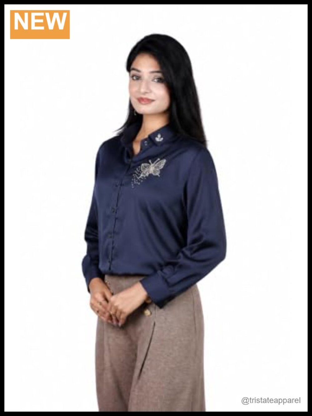 Handcrafted Crystal Butterfly Button Down Shirt, Long Sleeve Flowy Blouse